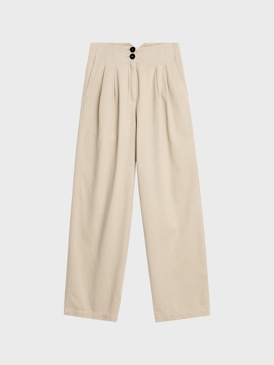 beige tailored pants with four pleating details and two black button on the front
