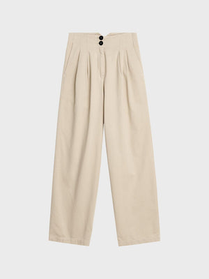 beige tailored pants with four pleating details and two black button on the front