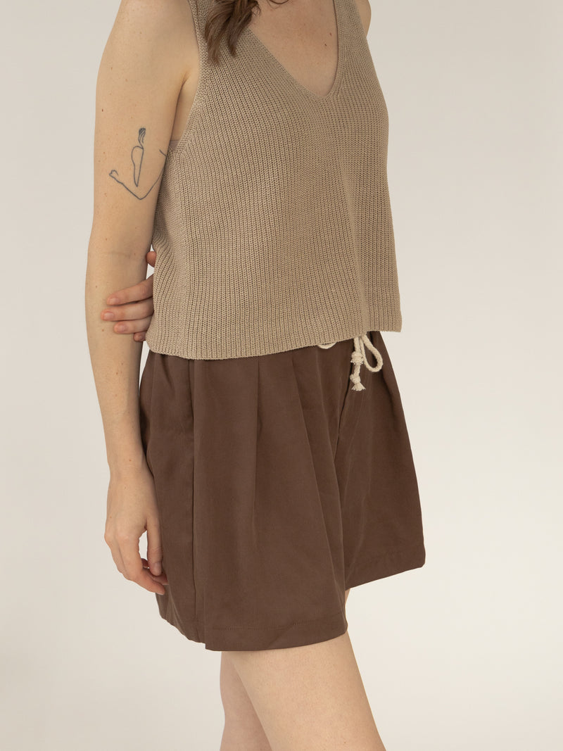Product front photo of donni. pleated short in chocolate