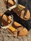 climber sandal with cork footbed and neutral colors cotton straps