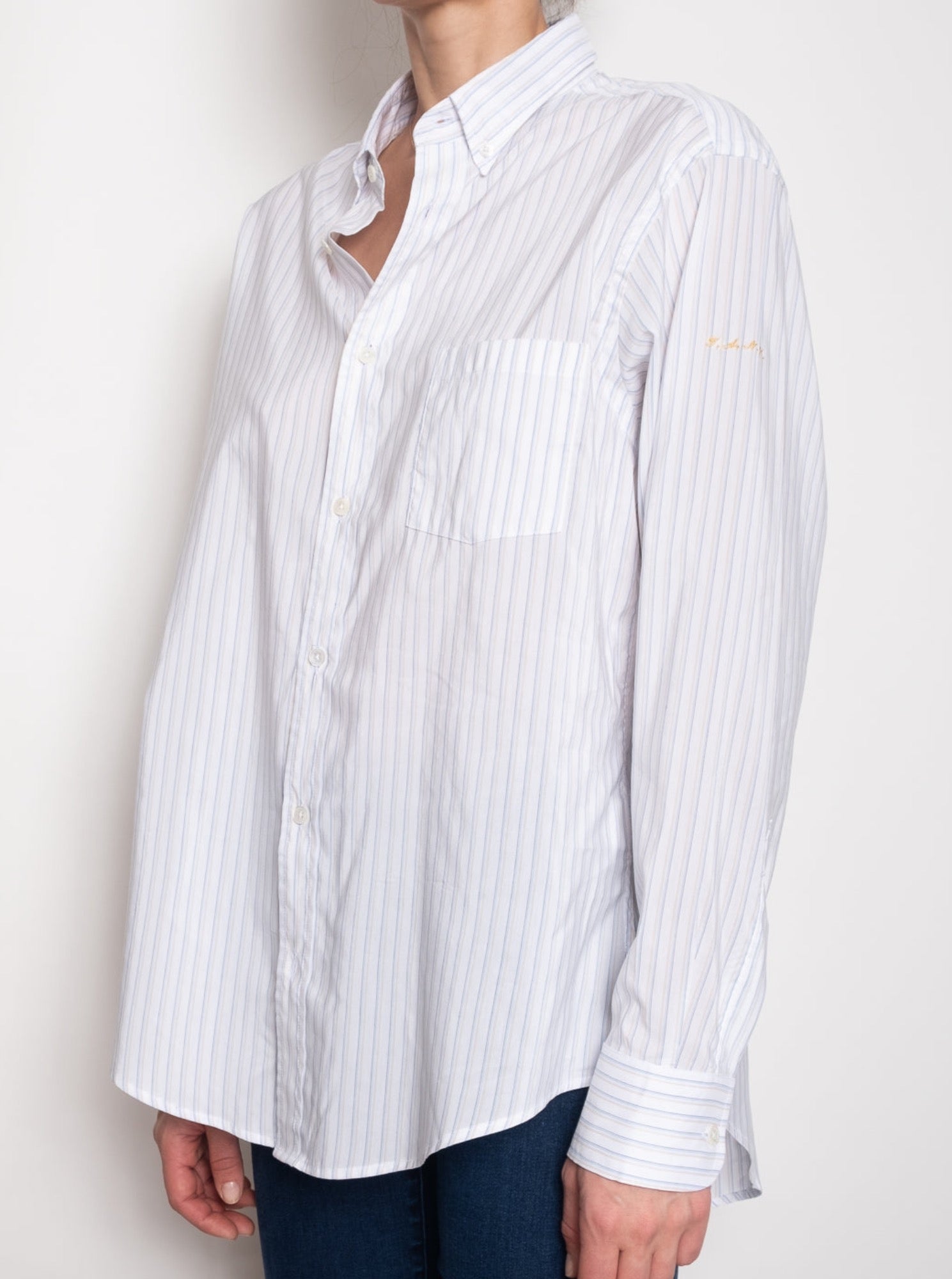 Standard Button Down Shirt in White and Mustard Stripe | Auralie