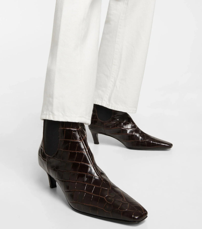 TOTEME The Mid Heel Leather Boot in Dark Brown Croco
